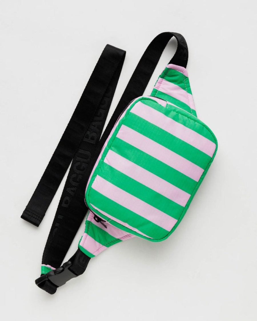 Baggu Puffy Fanny Pack : Pink Green Awning Stripe - Baggu Crossbody Bags