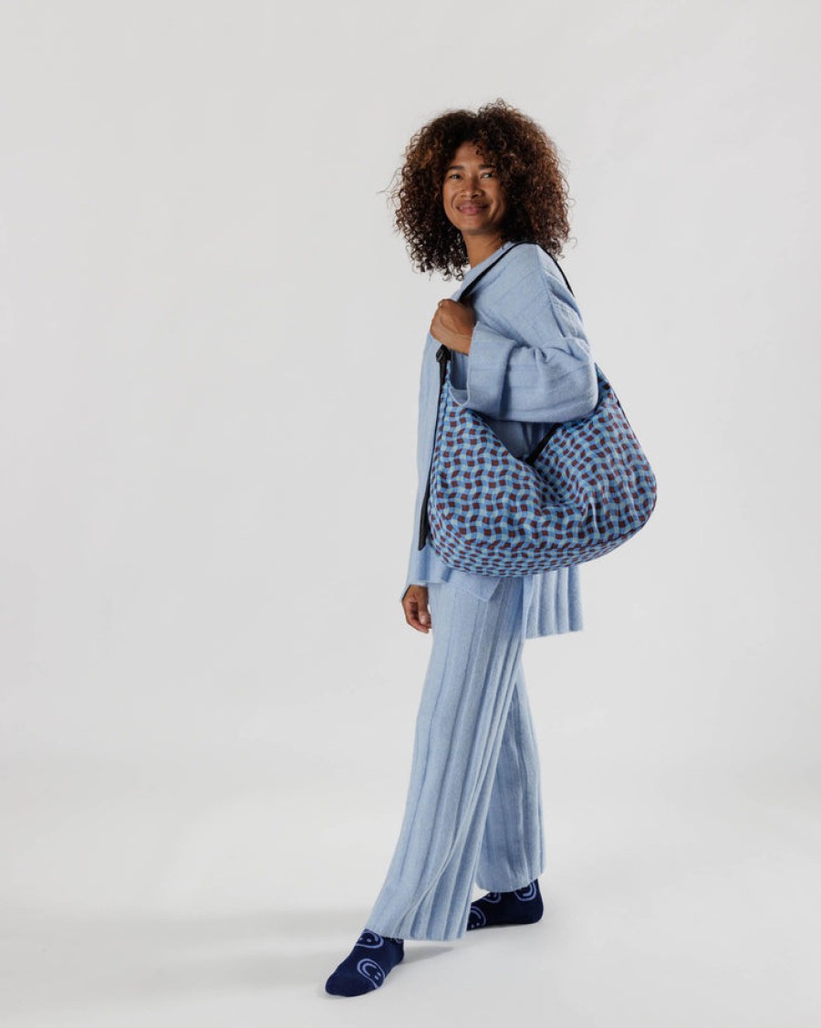 Baggu Large Nylon Crescent Bag : Wavy Gingham Blue - Baggu Crossbody Bags