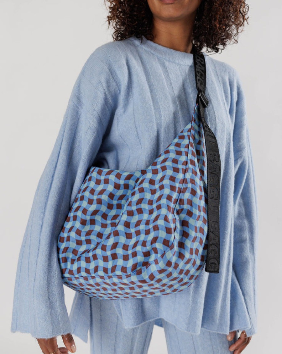 Baggu Large Nylon Crescent Bag : Wavy Gingham Blue - Baggu Crossbody Bags