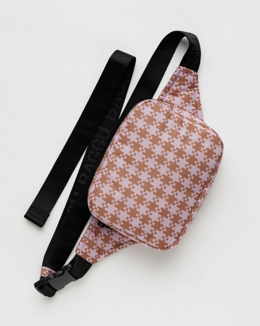 Baggu Puffy Fanny Pack : Rose Pixel Gingham - Baggu Crossbody Bags